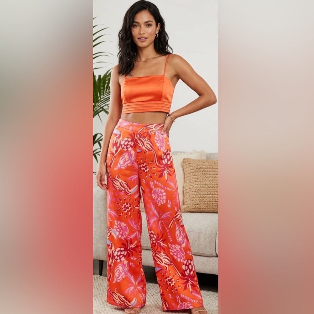 Orange Floral Pants and Satin Crop Top Set (L)